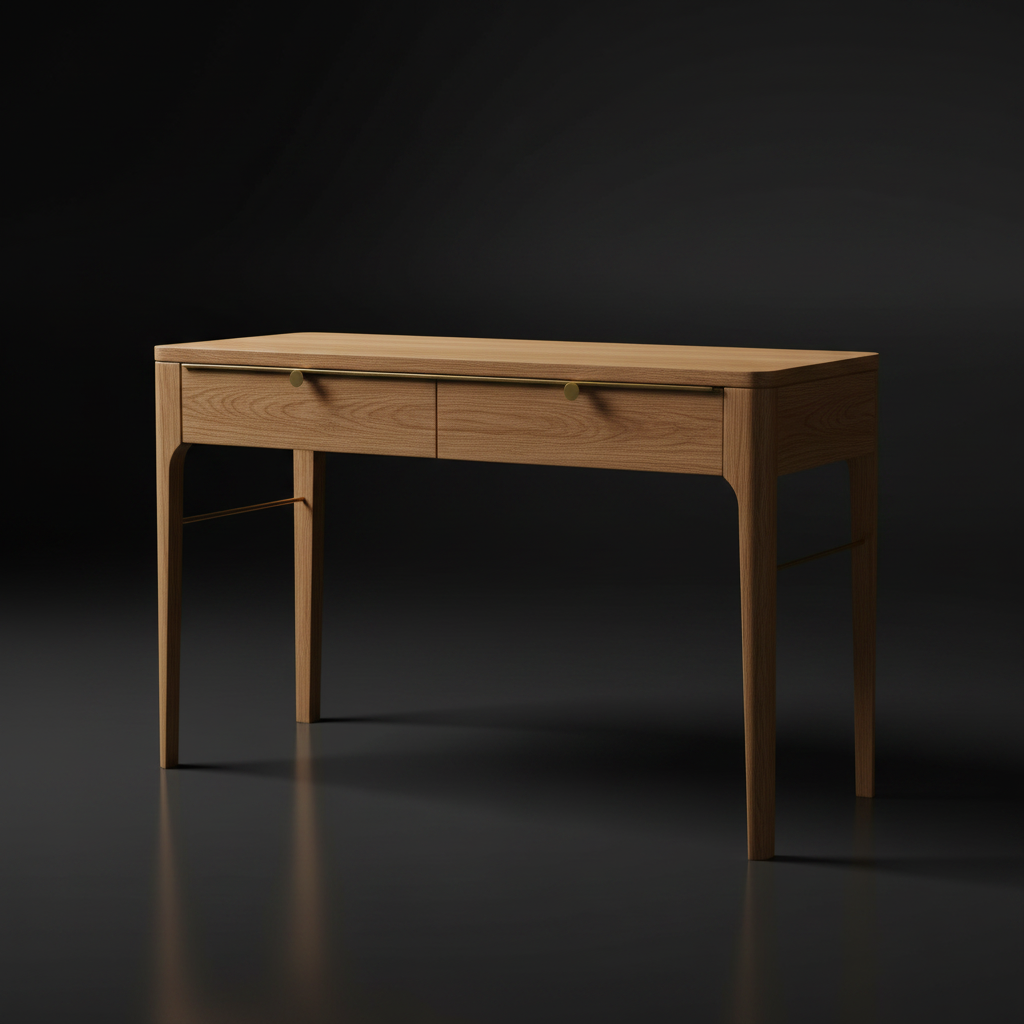Surya Anello Console Table: brown oak veneer top, two drawers, and slim oak/steel base.