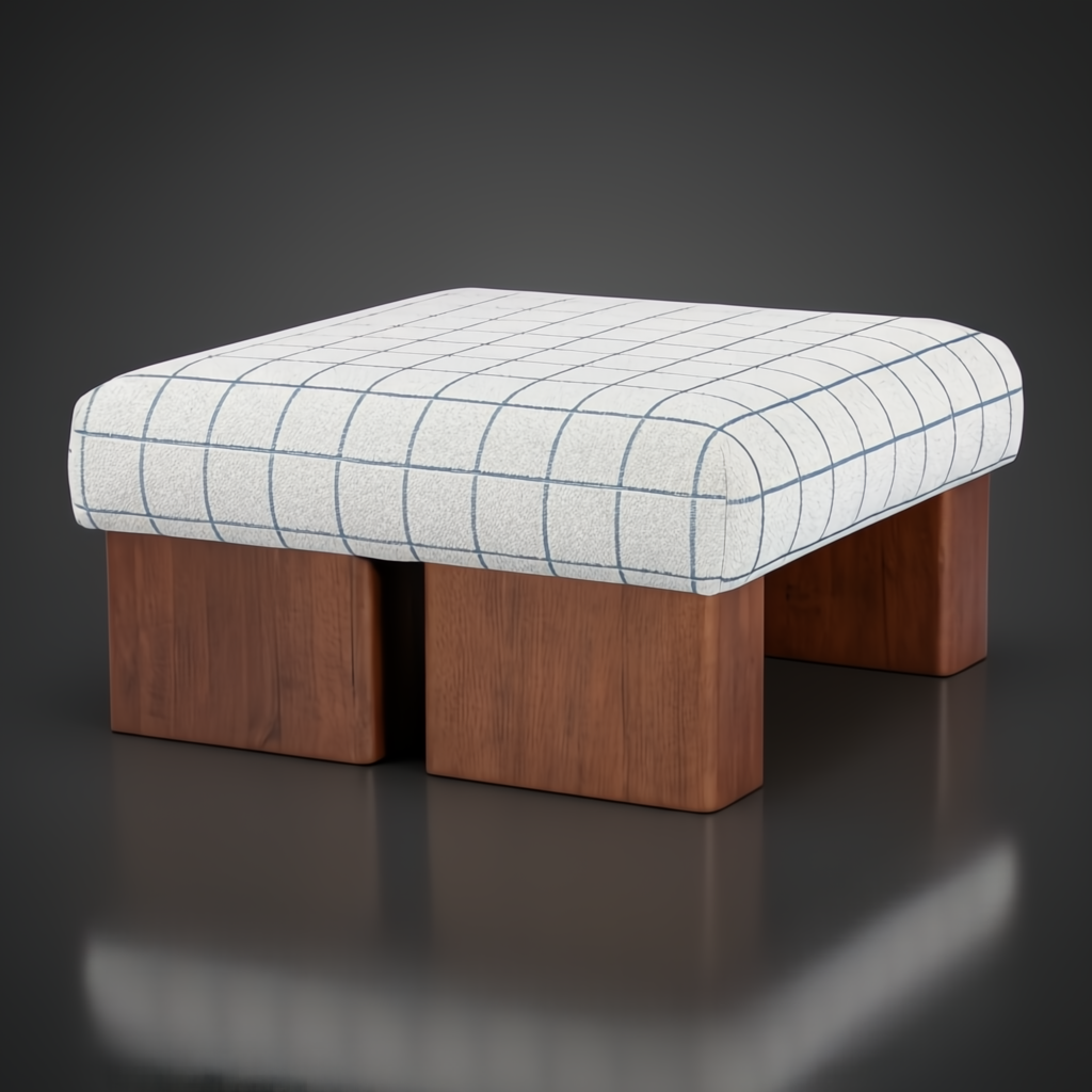 Mirava Ottoman with a checkered polyester top and brown stained rubber wood base.