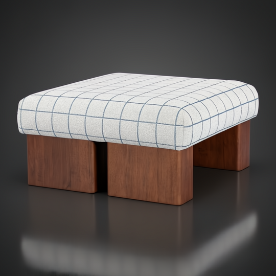 Mirava Ottoman with a checkered polyester top and brown stained rubber wood base.