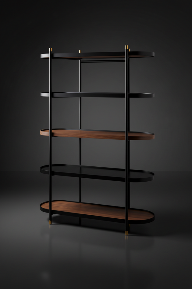 Modern Surya Pearson bookcase with black iron frame, dark brown wood, and smoked gray glass shelves.