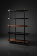 Modern Surya Pearson bookcase with black iron frame, dark brown wood, and smoked gray glass shelves.