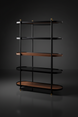 Modern Surya Pearson bookcase with black iron frame, dark brown wood, and smoked gray glass shelves.