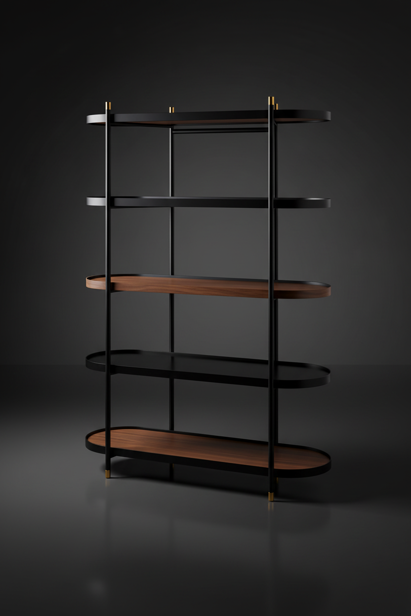 Modern Surya Pearson bookcase with black iron frame, dark brown wood, and smoked gray glass shelves.