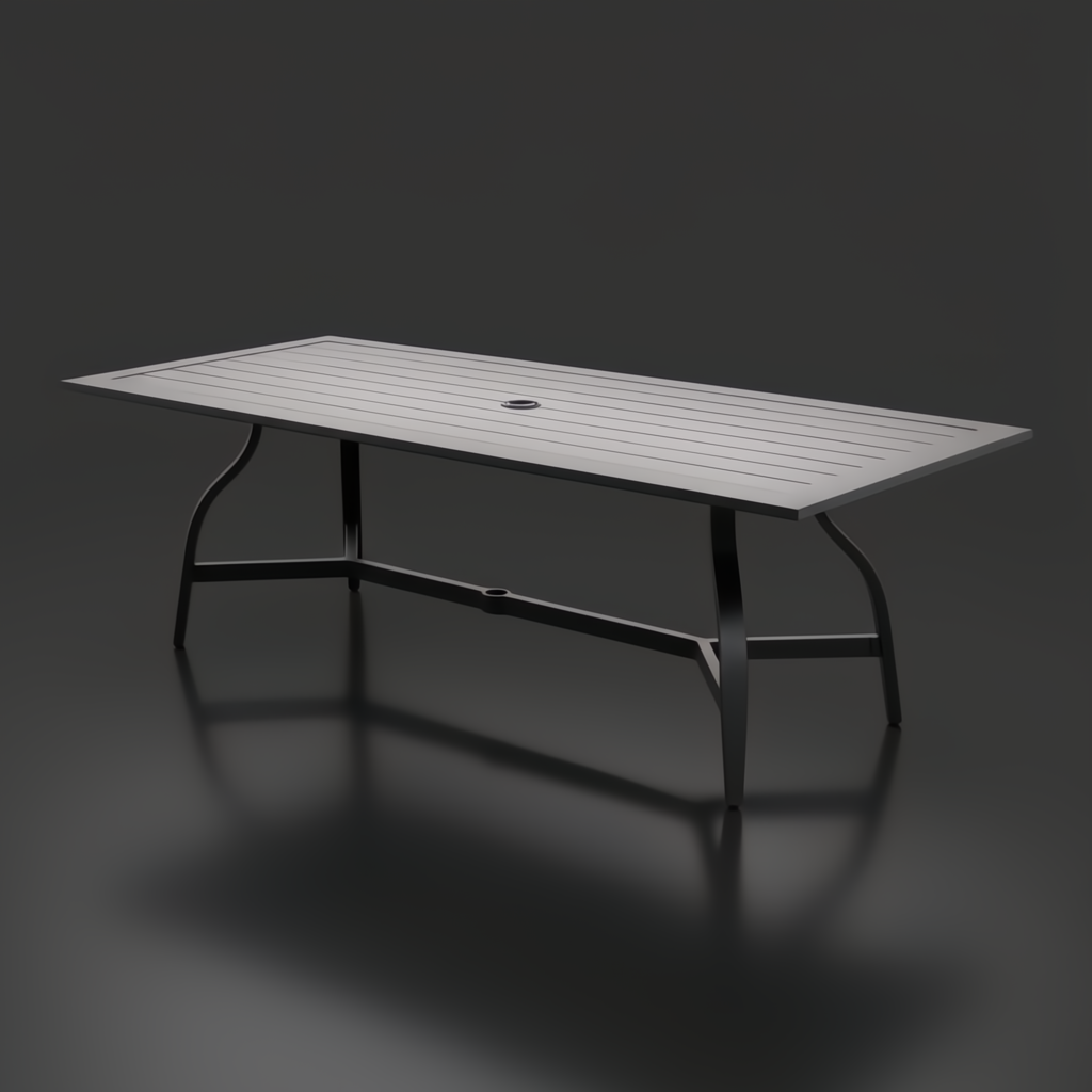 Black aluminum outdoor dining table with slatted top and umbrella hole.