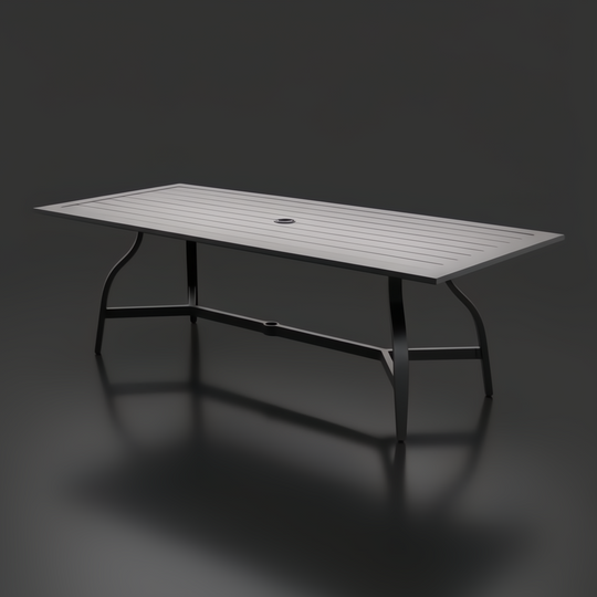 Black aluminum outdoor dining table with slatted top and umbrella hole.