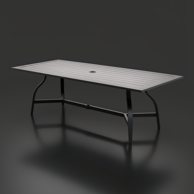 Black aluminum outdoor dining table with slatted top and umbrella hole.