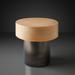 Surya Russula End Table with a brown oak top and metallic nickel iron base.