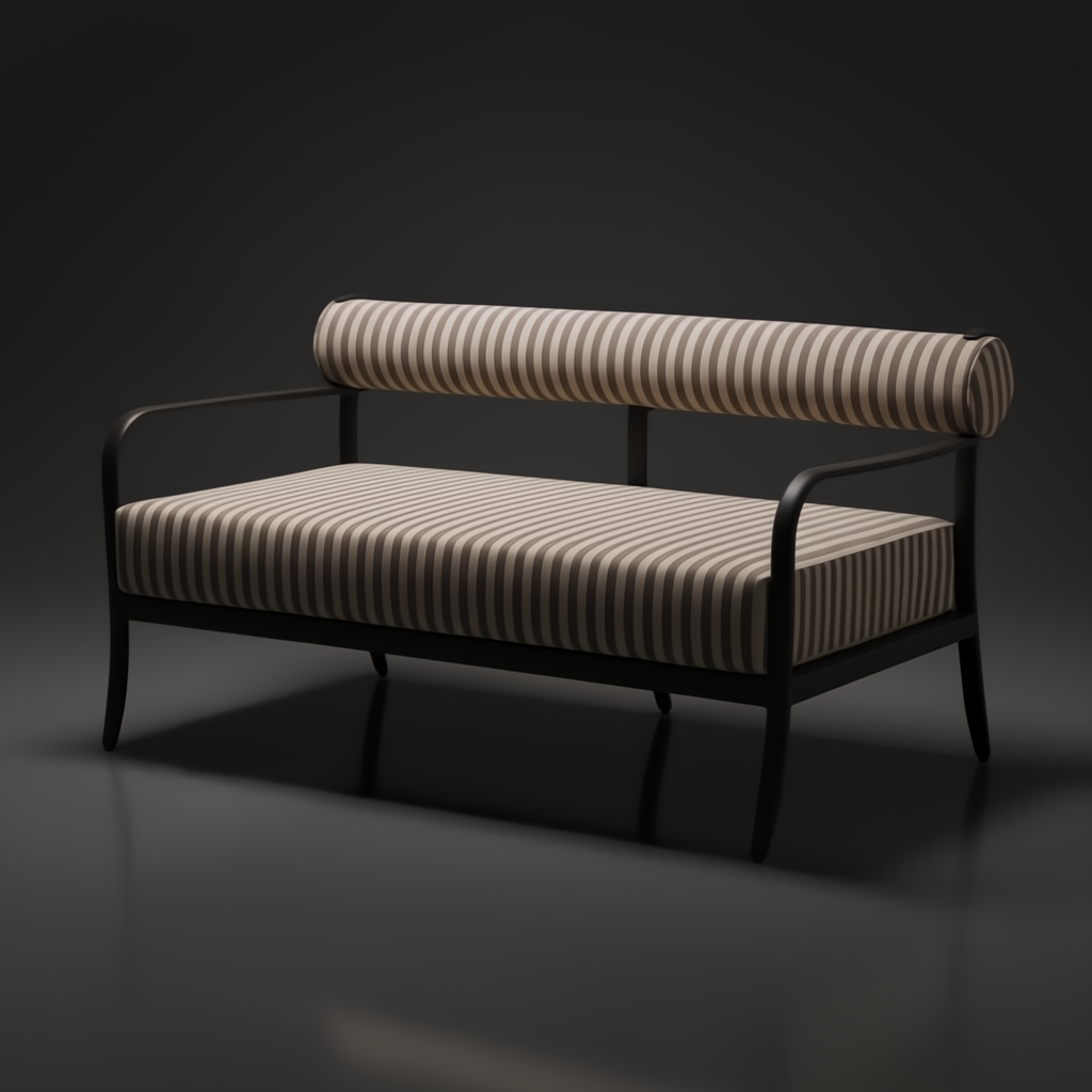 Surya Antibes ANTE-008 loveseat with striped Sunbrella cushions and dark aluminum frame.