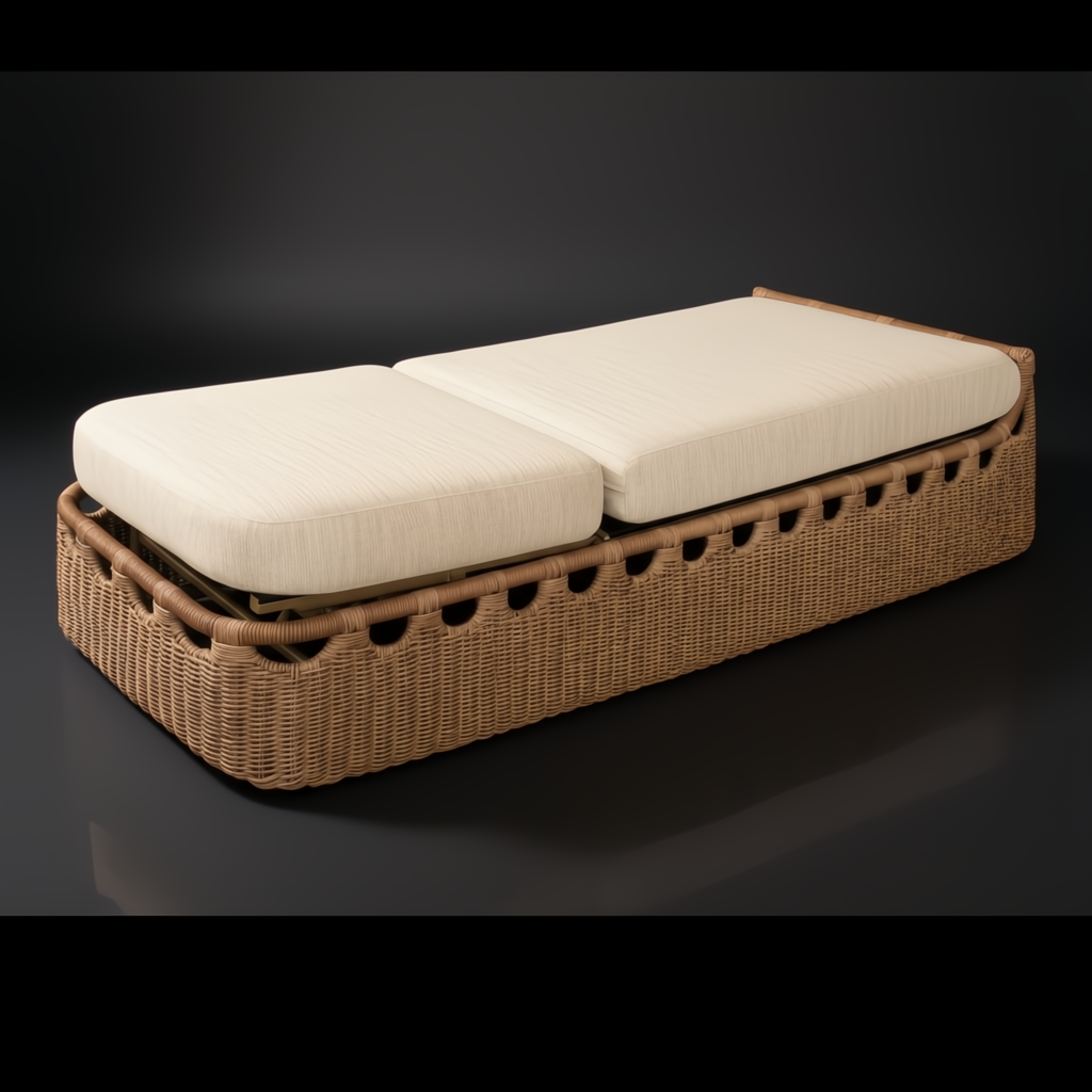Woven brown outdoor chaise lounge with light beige cushions, suitable for patio or lounge.