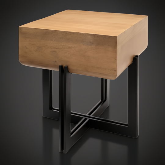 Surya Lowmax end table with natural brown mango wood top and black cast iron base.