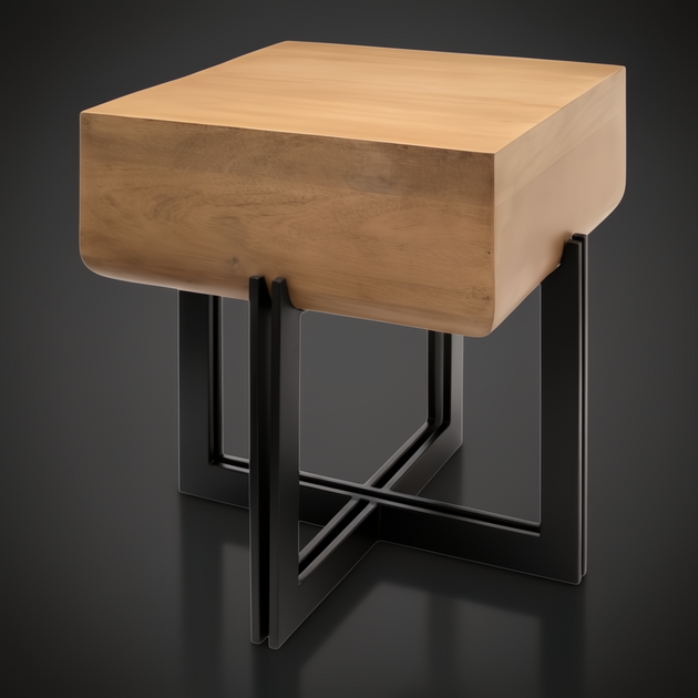 Surya Lowmax end table with natural brown mango wood top and black cast iron base.