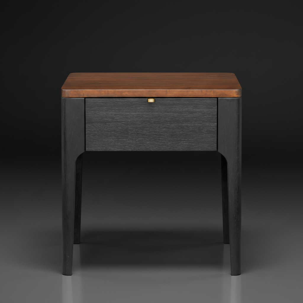 Brown oak veneer top end table with a black manufactured wood drawer and rubber wood legs.