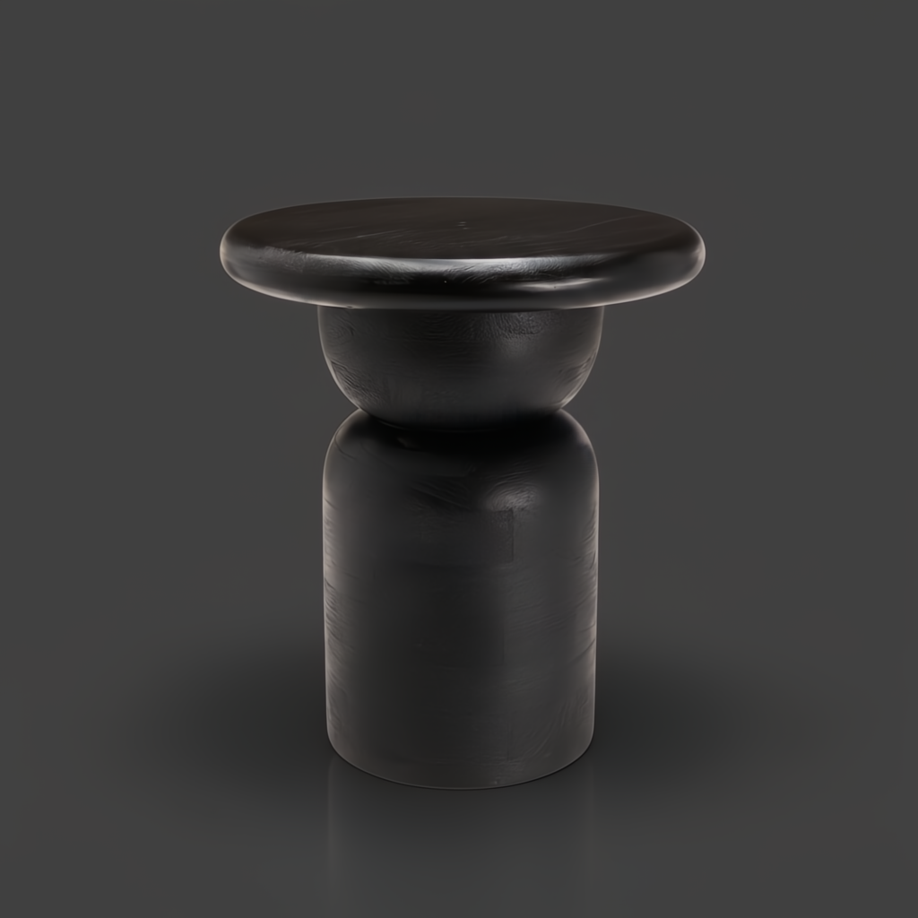 Surya Koben black mango wood end table with a compact round top and turned base.