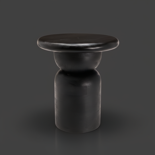 Surya Koben black mango wood end table with a compact round top and turned base.