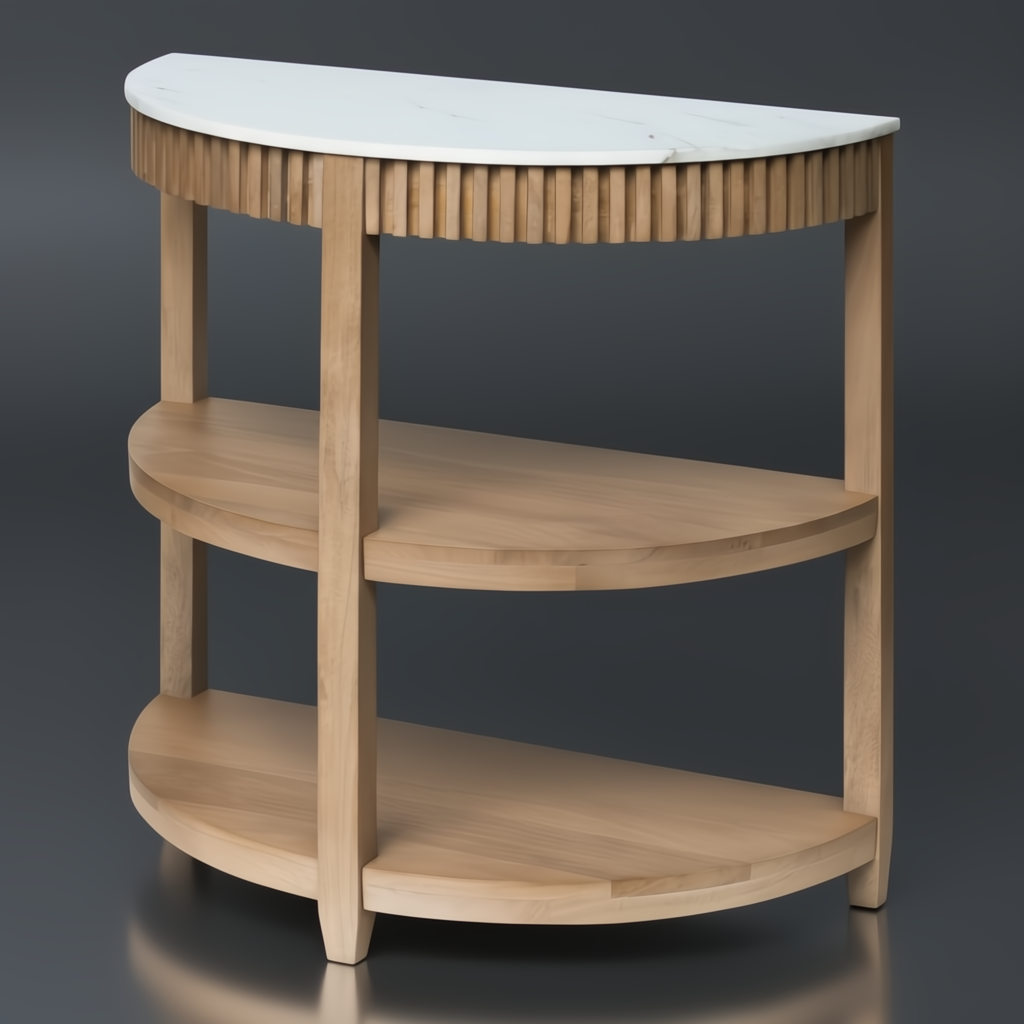 Surya Rosemary console table with white marble top, natural mango wood base, and two lower shelves.
