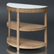 Surya Rosemary console table with white marble top, natural mango wood base, and two lower shelves.