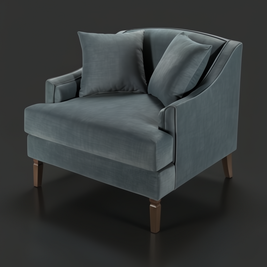 Surya Maywood accent chair with teal polyester upholstery, two cushions, and dark brown rubber wood legs.