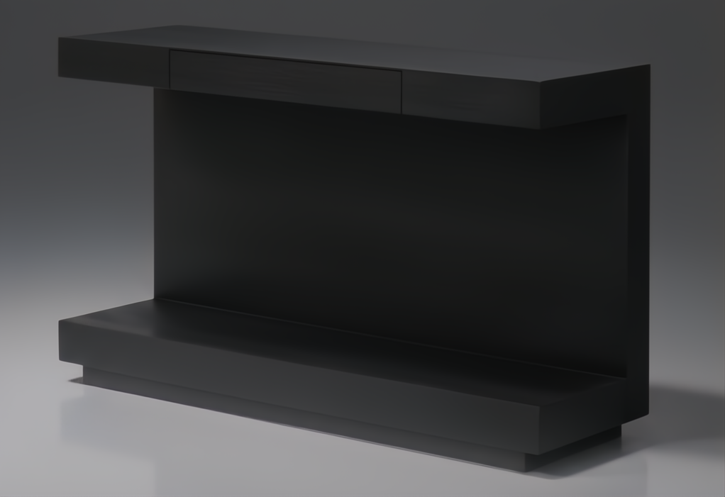 Black brushed mango wood Surya Coburn console table with a soft-close drawer and plinth base.