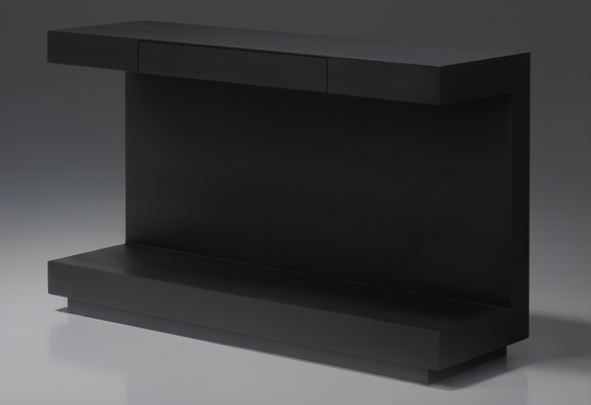 Black brushed mango wood Surya Coburn console table with a soft-close drawer and plinth base.