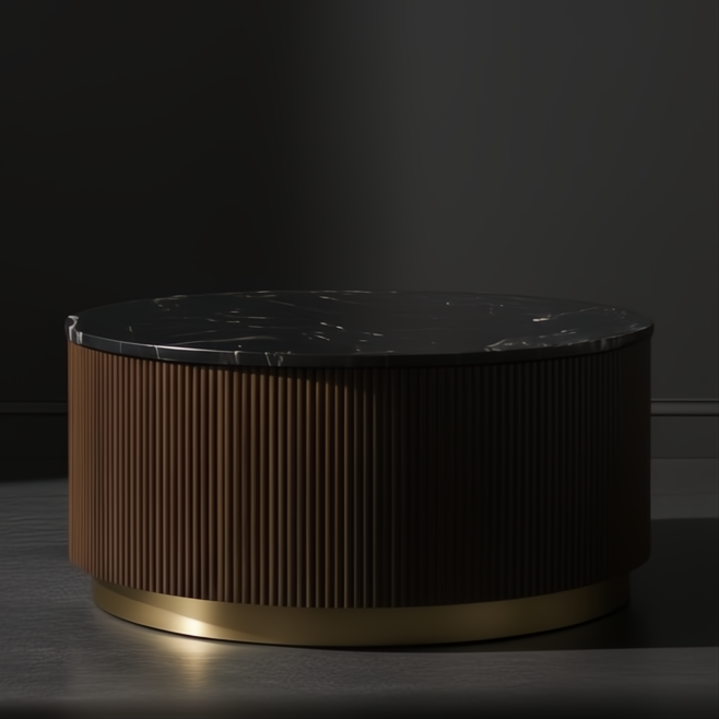 Round Surya Nems coffee table with black polished marble top, dark brown fluted mango wood base, and gold brass accents.