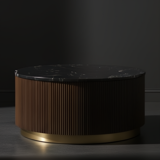 Round Surya Nems coffee table with black polished marble top, dark brown fluted mango wood base, and gold brass accents.