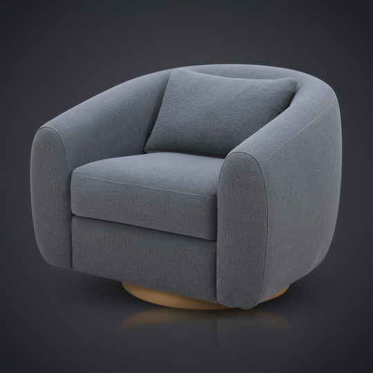 Blue-grey Surya Loma swivel chair with a rounded design, upholstered in polyester and rayon, featuring a wood base.