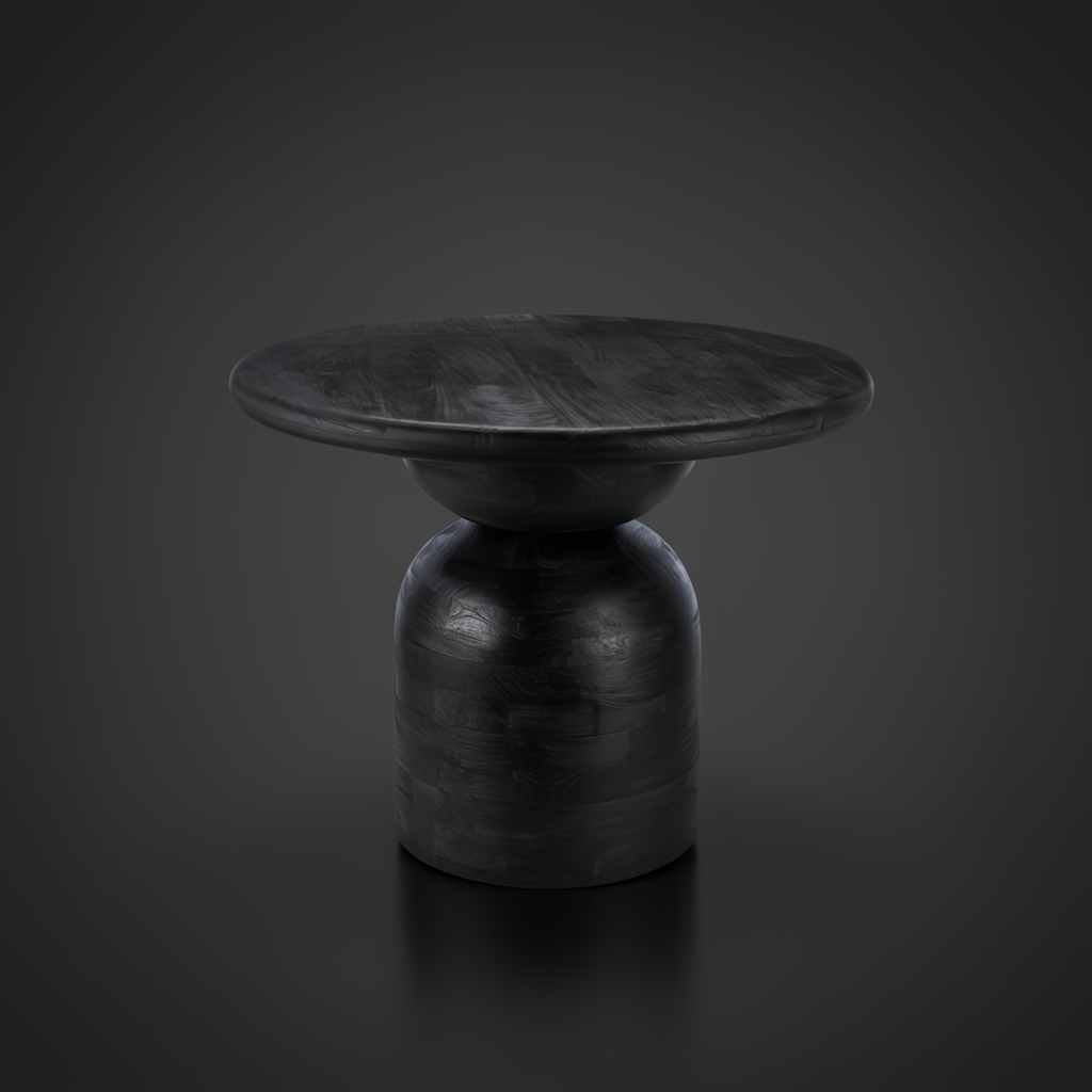 Surya Koben 39" round black mango wood dining table with sculptural base and sandblasted finish.