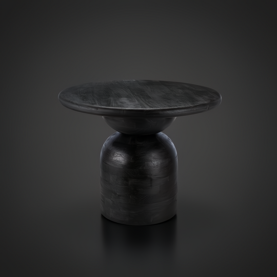 Surya Koben 39" round black mango wood dining table with sculptural base and sandblasted finish.