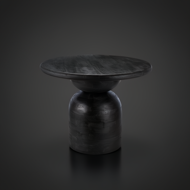 Surya Koben 39" round black mango wood dining table with sculptural base and sandblasted finish.
