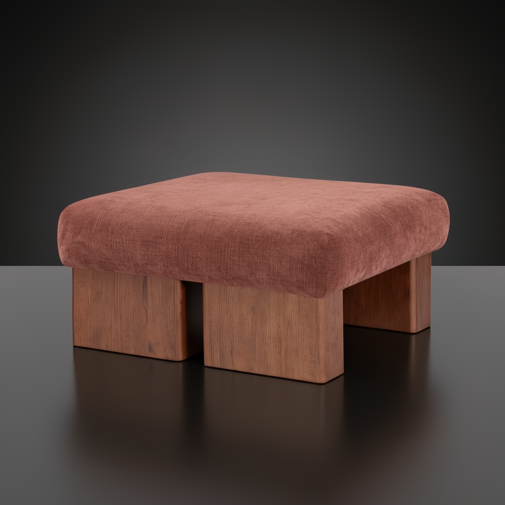 Surya Mirava Ottoman, a square upholstered ottoman with a textured rust-colored polyester cover and four wooden block legs.