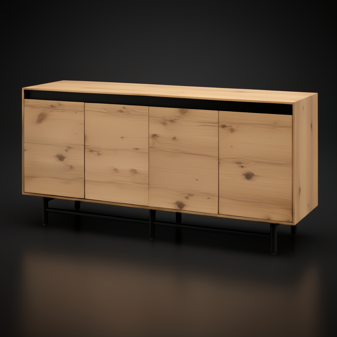 Modern Surya Molander sideboard with natural oak veneer top, black steel frame, and four soft-close doors.