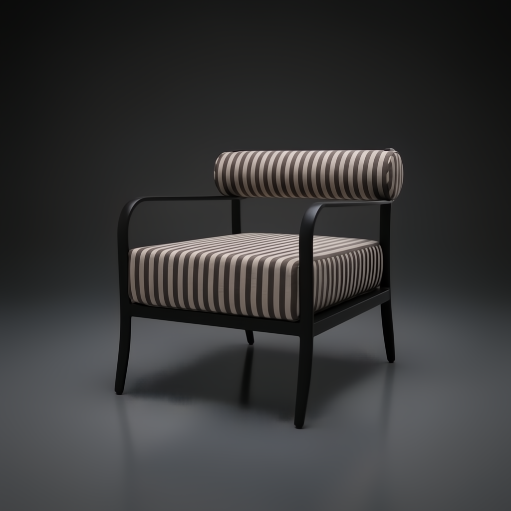 Surya Antibes accent chair with black aluminum frame and striped Sunbrella acrylic cushions.
