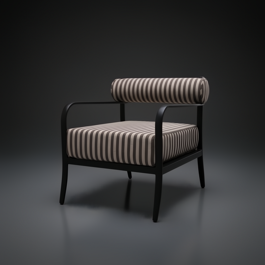 Surya Antibes accent chair with black aluminum frame and striped Sunbrella acrylic cushions.