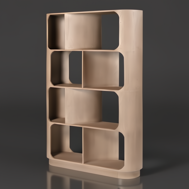 Tall Surya Ozias mango wood bookcase in a wheat finish with open, rounded shelving and sandblasted texture.