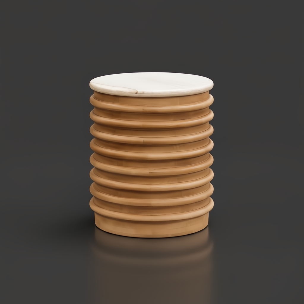Surya Redondo End Table: Beige polished marble top on a ribbed beige lacquered mango wood base.
