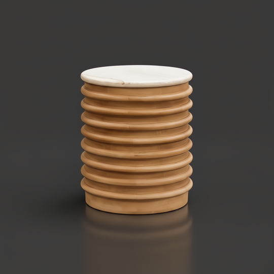 Surya Redondo End Table: Beige polished marble top on a ribbed beige lacquered mango wood base.