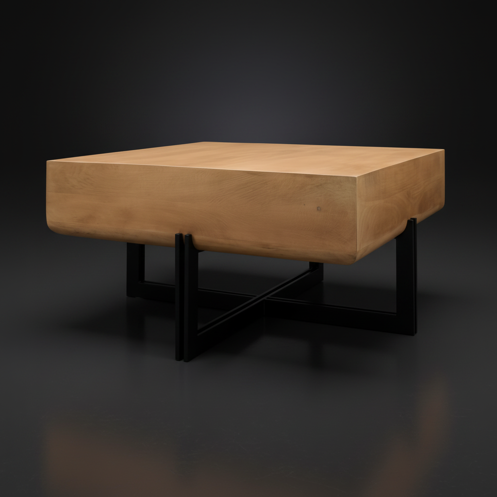 Surya Lowmax coffee table with a brown mango wood top and black cast iron X-base.