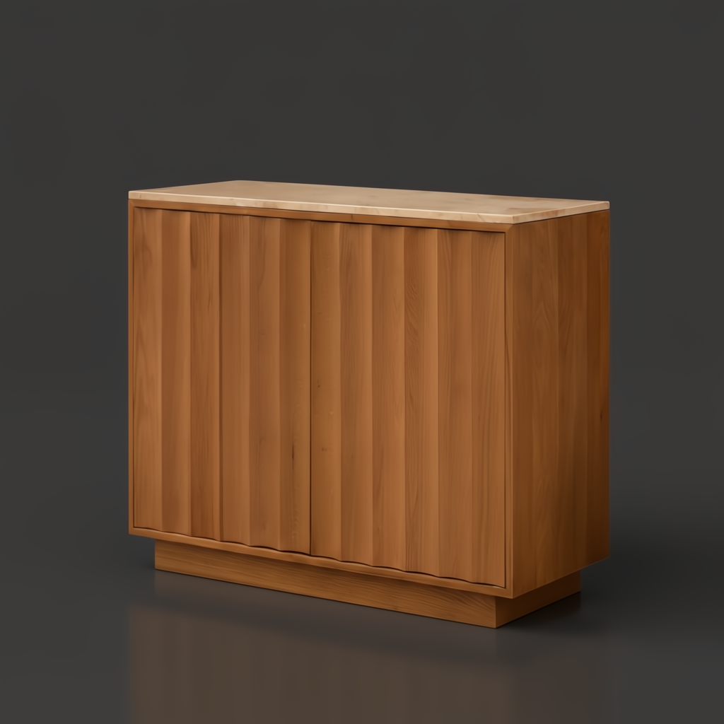 Surya Skopa mid-century modern cabinet with beige marble top and beige white oak base.