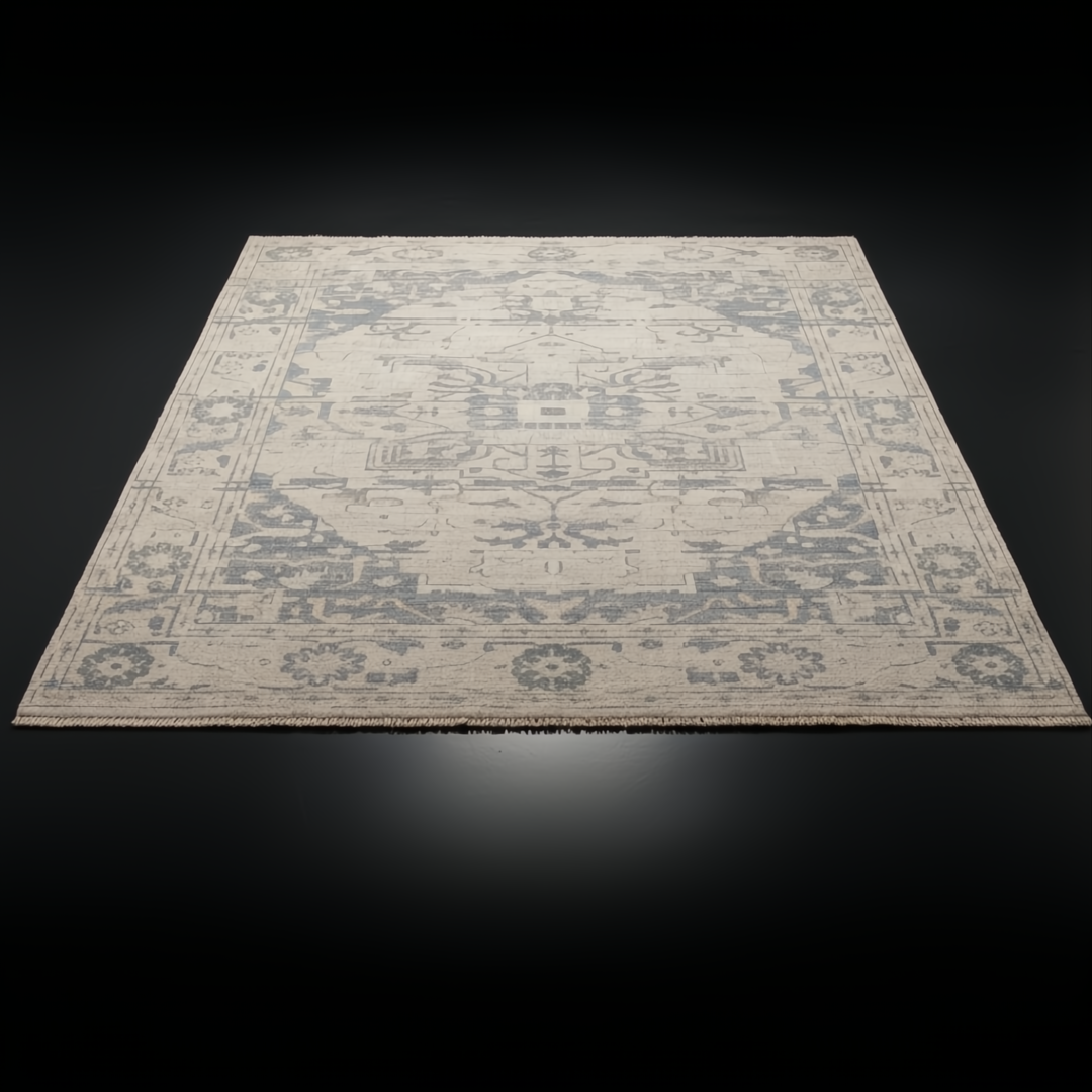 Hand-knotted Surya Cappadocia wool rug with traditional gray and green patterns on a light background, fringe detail.