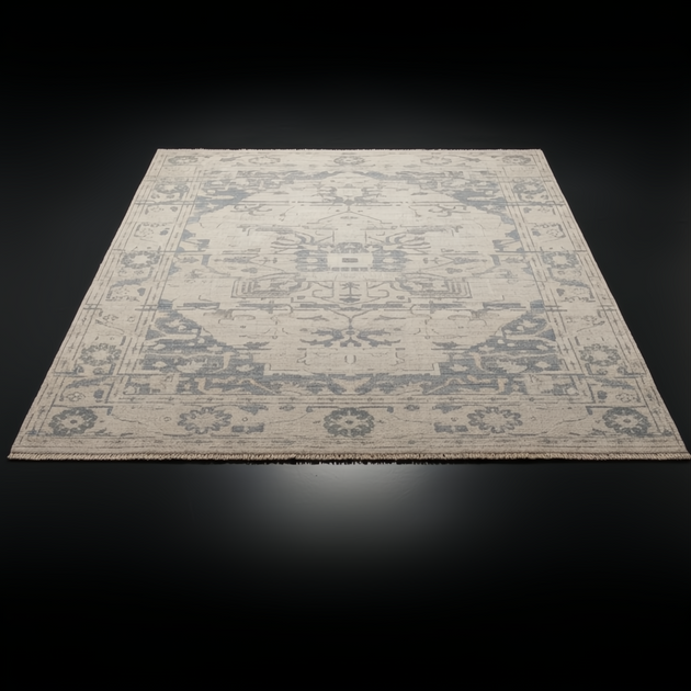 Hand-knotted Surya Cappadocia wool rug with traditional gray and green patterns on a light background, fringe detail.