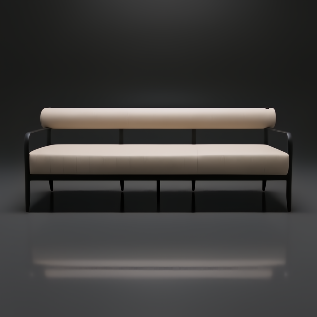 Surya Antibes outdoor sofa with light beige Sunbrella upholstery and a sleek black aluminum frame.