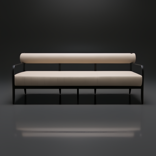 Surya Antibes outdoor sofa with light beige Sunbrella upholstery and a sleek black aluminum frame.