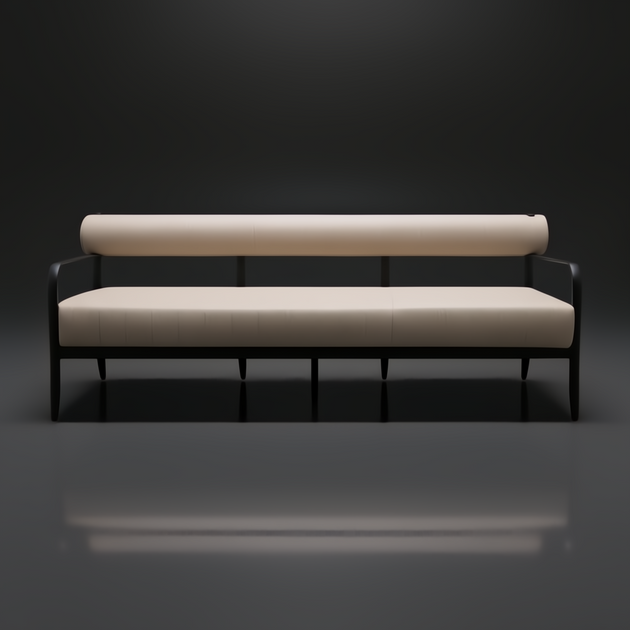 Surya Antibes outdoor sofa with light beige Sunbrella upholstery and a sleek black aluminum frame.