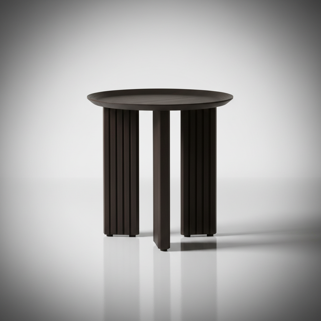 Blackened mango wood Surya Agnes end table with round top and zigzag fluted legs.