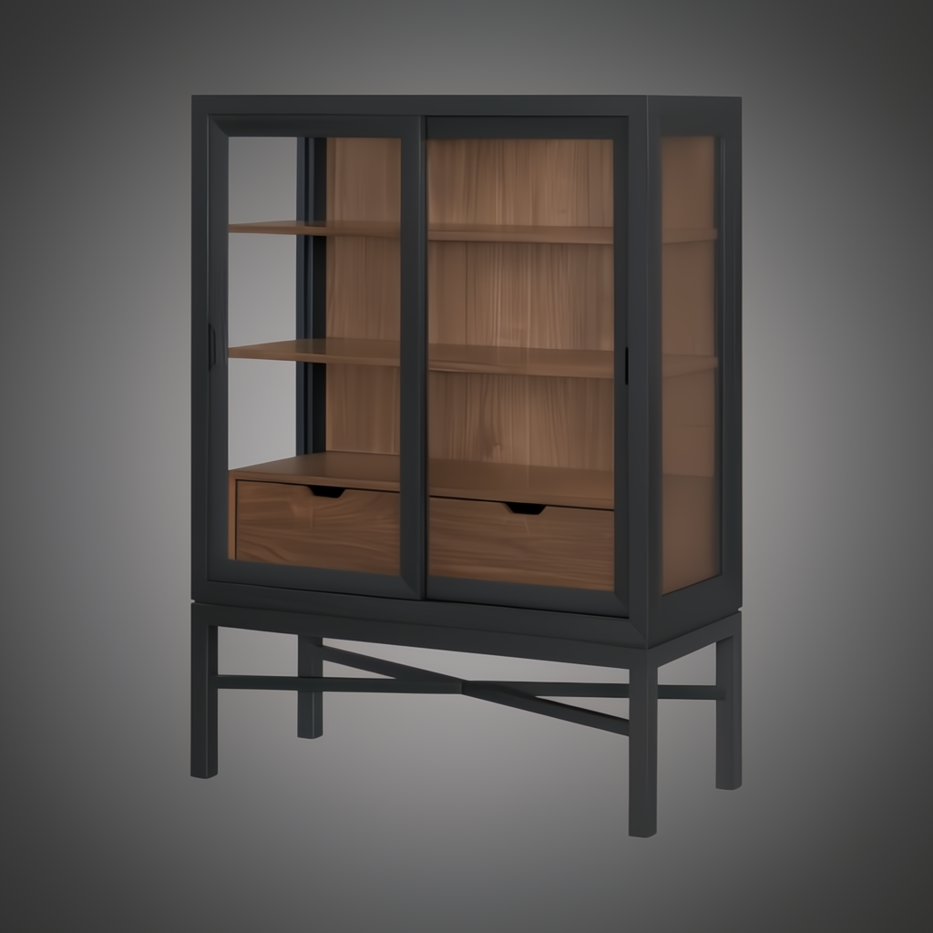 Surya Marin 55" black and brown bookcase with glass sliding doors, wood shelves, and two drawers.