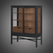 Surya Marin 55" black and brown bookcase with glass sliding doors, wood shelves, and two drawers.