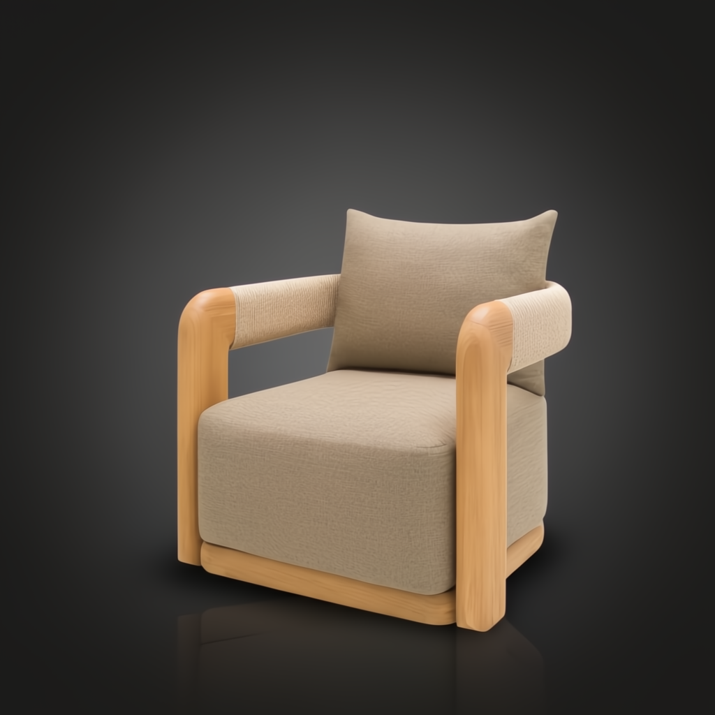 Surya Palma outdoor swivel chair with light brown Sunbrella fabric, teak wood frame, and woven armrests.