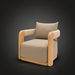 Surya Palma outdoor swivel chair with light brown Sunbrella fabric, teak wood frame, and woven armrests.