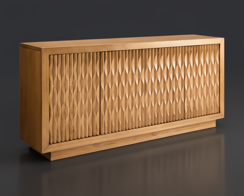 Beige natural ash wood veneer Surya Lulea Cabinet with 3D patterned doors, 67" wide.