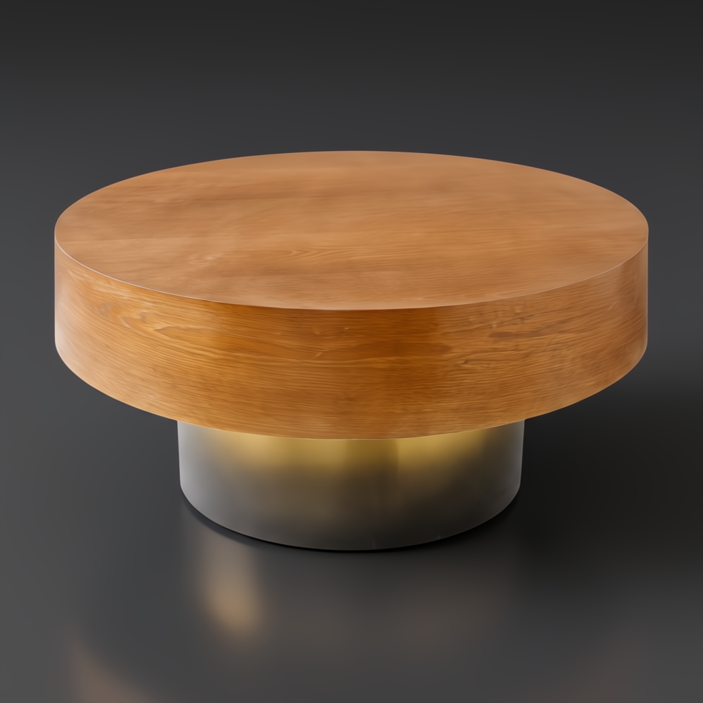 Surya Russula 36" round coffee table with dark brown oak veneer top and metallic gold ombre iron base.